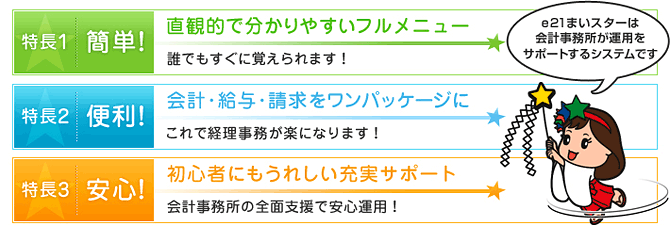 簡単！便利！安心！e21まいスターは会計事務所が運用をサポートするシステムです